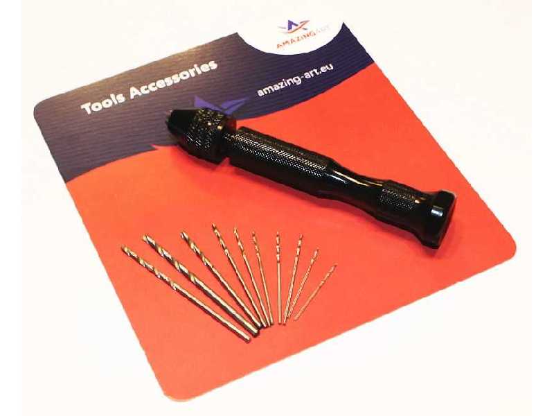 Mini Hand Drill + 10 Drills Various Sizes 0.5 - 2mm - image 1