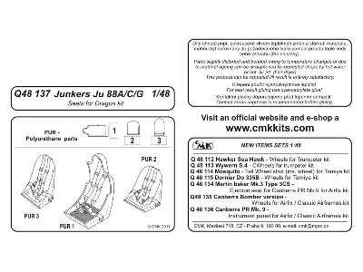 Junkers Ju 88A/C/G  Seats 1/48 for Dragon kit - image 2