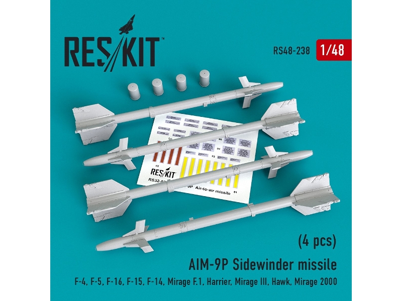 Aim-9p Sidewinder Missile (4 Pcs) F-4, F-5, F-16, F-15, F-14, Mirage F.1, Harrier, Mirage Iii, Hawk, Mirage 2000 - image 1