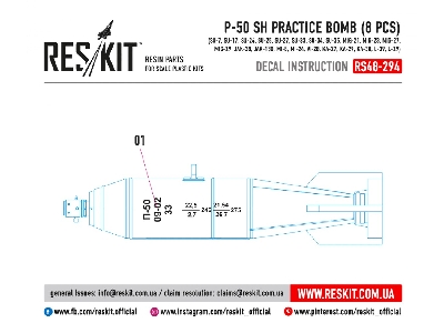 P-50 Sh Practice Bomb 8 Pcs Su-7, Su-17, Su-24, Su-25, Su-27, Su-33, Su-34, Su-35, Mig-21, Mig-23, Mig-27, Mig-29, Jak-38, Jak-1