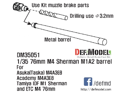 Us M4 Sherman 76mm M1a2 Metal Barrel Set (For 1/35 M4a3e8 Idf M1 Kit) - image 4