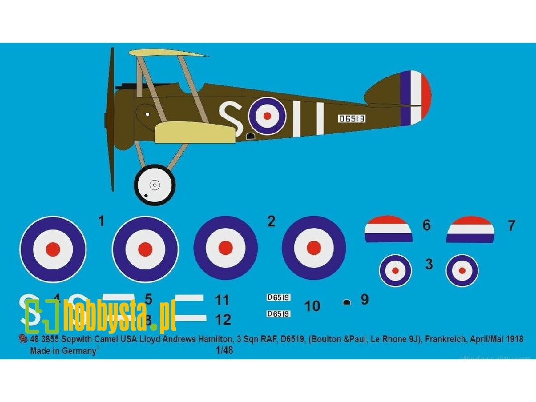 Sopwith Camel Usa, Lloyd Andrews Hamilton 3 Sqn Raf, D6519 (Boulton And Paul, Le Rhone 9j), France, April/May 1918 - image 1