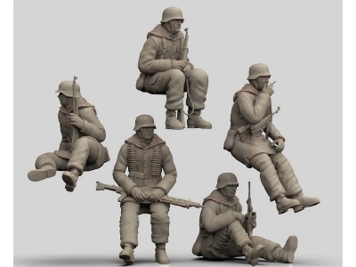 German Wwii Totenkopf Division Soldiers - Sitting Russia / Winter (5 Figures) - image 1
