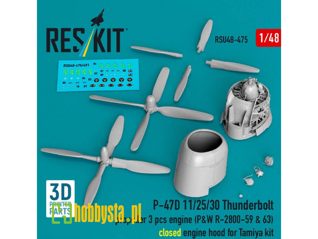 Republic P-47 D 11/25/30 Thunderbolt - Propeller (3 Pcs) And Engine (P&w R-2800-59 & 63) / Closed Engine Hood (For Tamiya Kits /