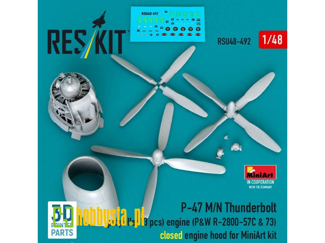 Republic P-47 M/N Thunderbolt - Propeller (3 Pcs) And Engine (P&w R-2800-57c & 73) / Closed Engine Hood (For Miniart Kits / 3d-p