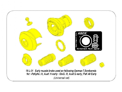 Early muzzle brake used on following German 7,5cmbarrels for: -PzKpfw.IV, Ausf. H early: -StuG.III, Ausf.G-early; PaK 40 early -