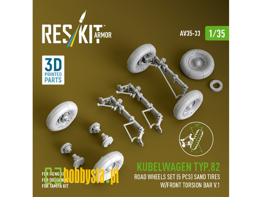 Kubelwagen Typ 82 - 3d-printed Road Wheels Set (5 Pcs) With Sand Tires And Front Torsion Bar Volume 1 (For Meng / Dragon And Tam