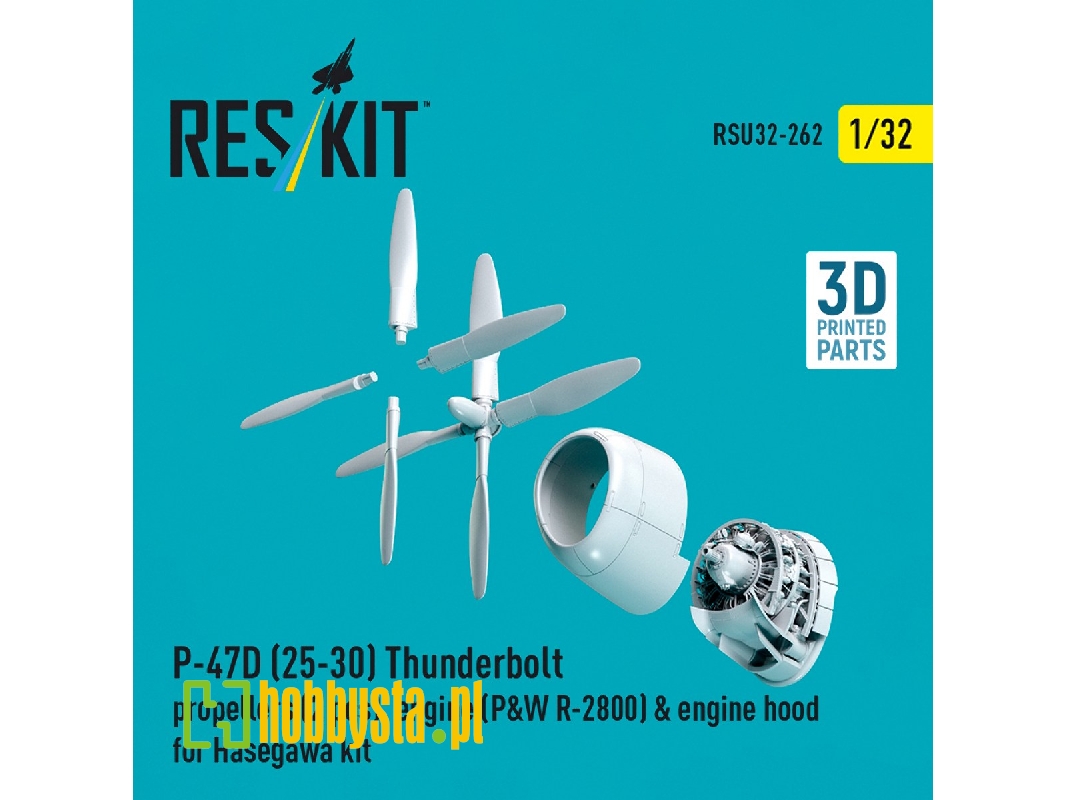 Republic P-47d (25-30) Thunderbolt - Propellers (2 Pcs), Engine (P&w R-2800) & Engine Hood (For Hasegawa Kits / 3d-printed) - im