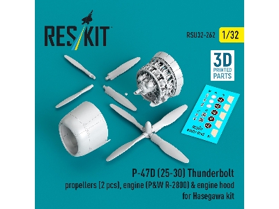 Republic P-47d (25-30) Thunderbolt - Propellers (2 Pcs), Engine (P&w R-2800) & Engine Hood (For Hasegawa Kits / 3d-printed) - im