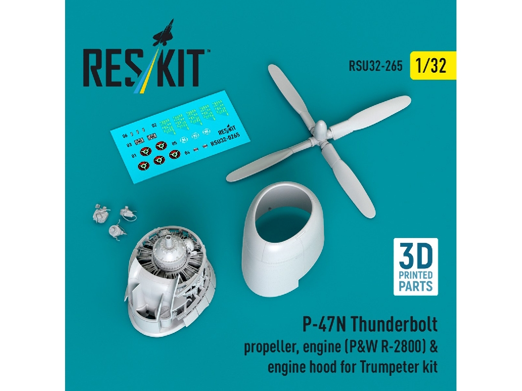Republic P-47 N Thunderbolt - Propellers (3 Pcs), Engine (P&w R-2800) & Engine Hood (For Trumpeter Kits / 3d-printed) - image 1