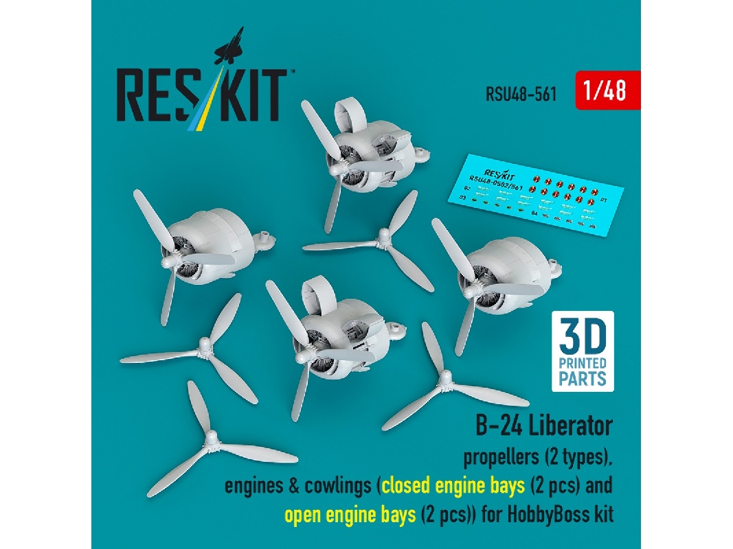 B-24 Liberator - Rropellers (2 Types), Engines & Cowlings (Closed And Opened Engine Bays / 2 + 2 Pcs) For Hobby Boss Kits (3d-pr