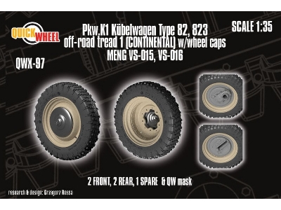 Pkw. K1 Kubelwagen Type 82 - 823 Off-road Tread 1 (Continental) W/ Wheel Caps (For Meng Kits) - image 1