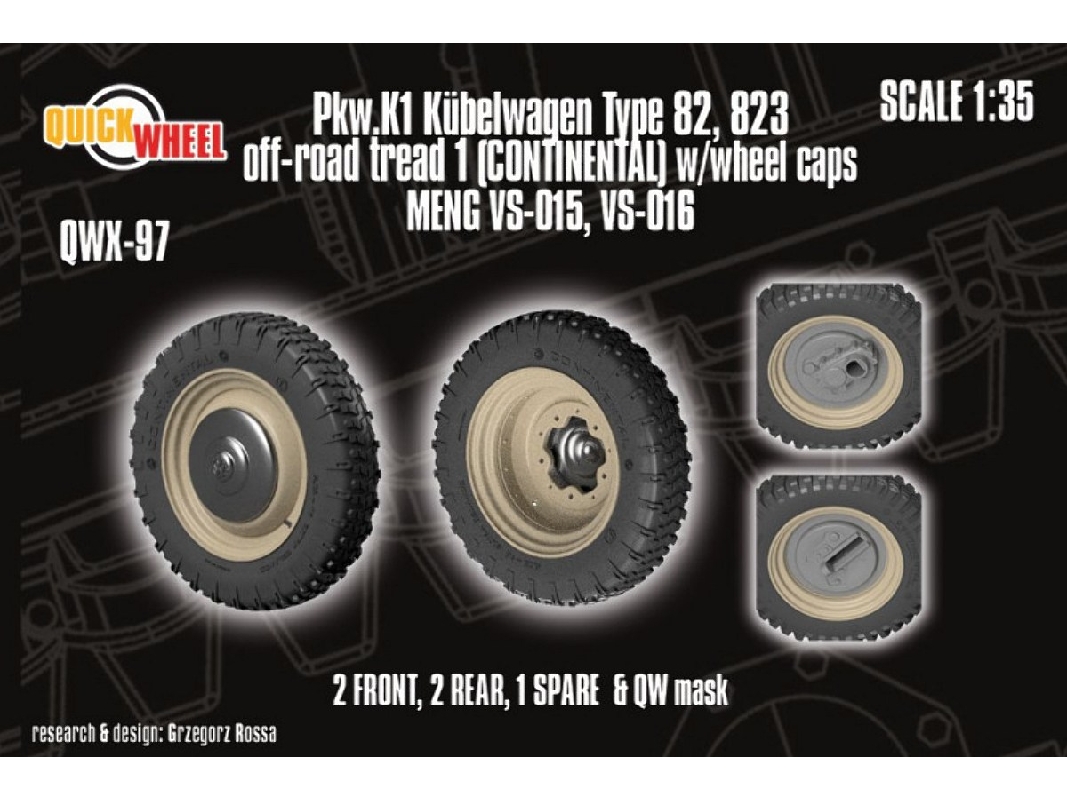 Pkw. K1 Kubelwagen Type 82 - 823 Off-road Tread 1 (Continental) W/ Wheel Caps (For Meng Kits) - image 1