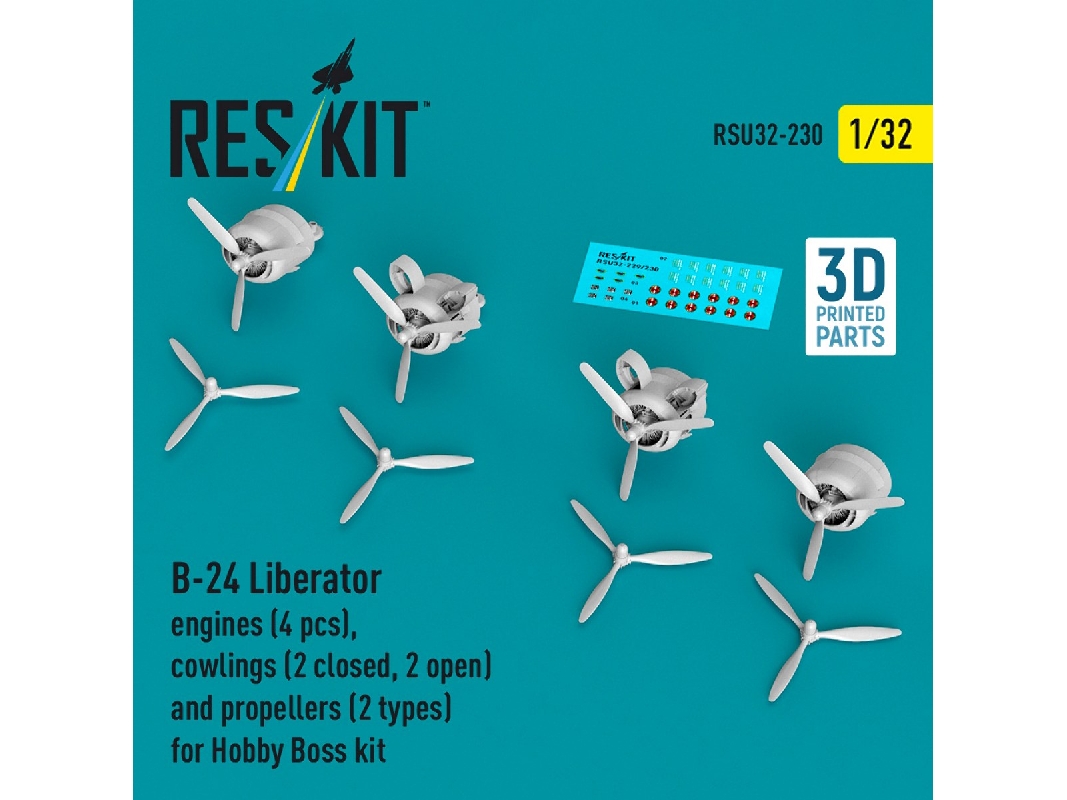 B-24 Liberator - 3d-printed Engines (4 Pcs), Cowlings (2 Closed + 2 Opened) And Propellers (2 Types) - For Hobby Boss Kits - ima